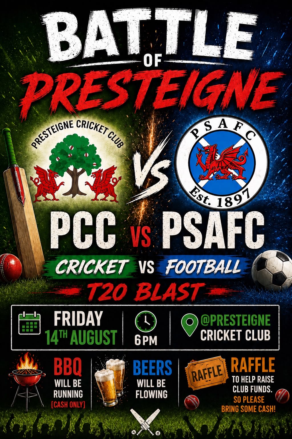 Battle of Presteigne T20 Blast poster — PCC vs PSAFC, Friday 14th August 2026 at 6pm